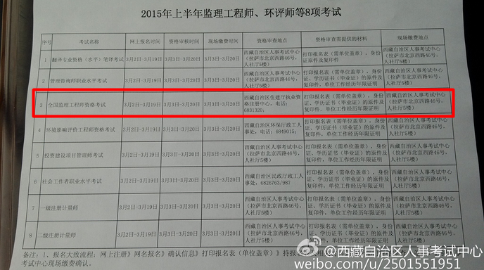 西藏自治區(qū)人事考試中心公布2015年監(jiān)理工程師考試報(bào)名時(shí)間
