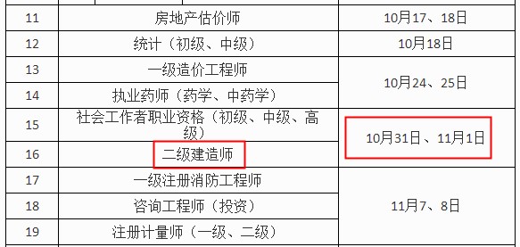 河南二建考試時間